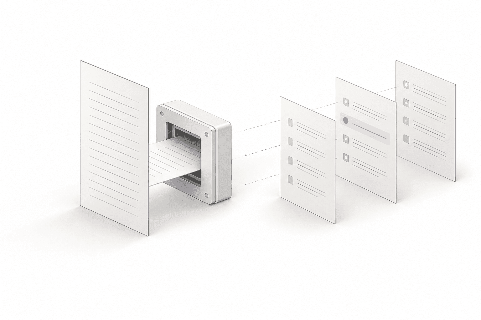 A focused brief passes through a precision aperture and becomes three ordered work items, with a violet row marking the next action.