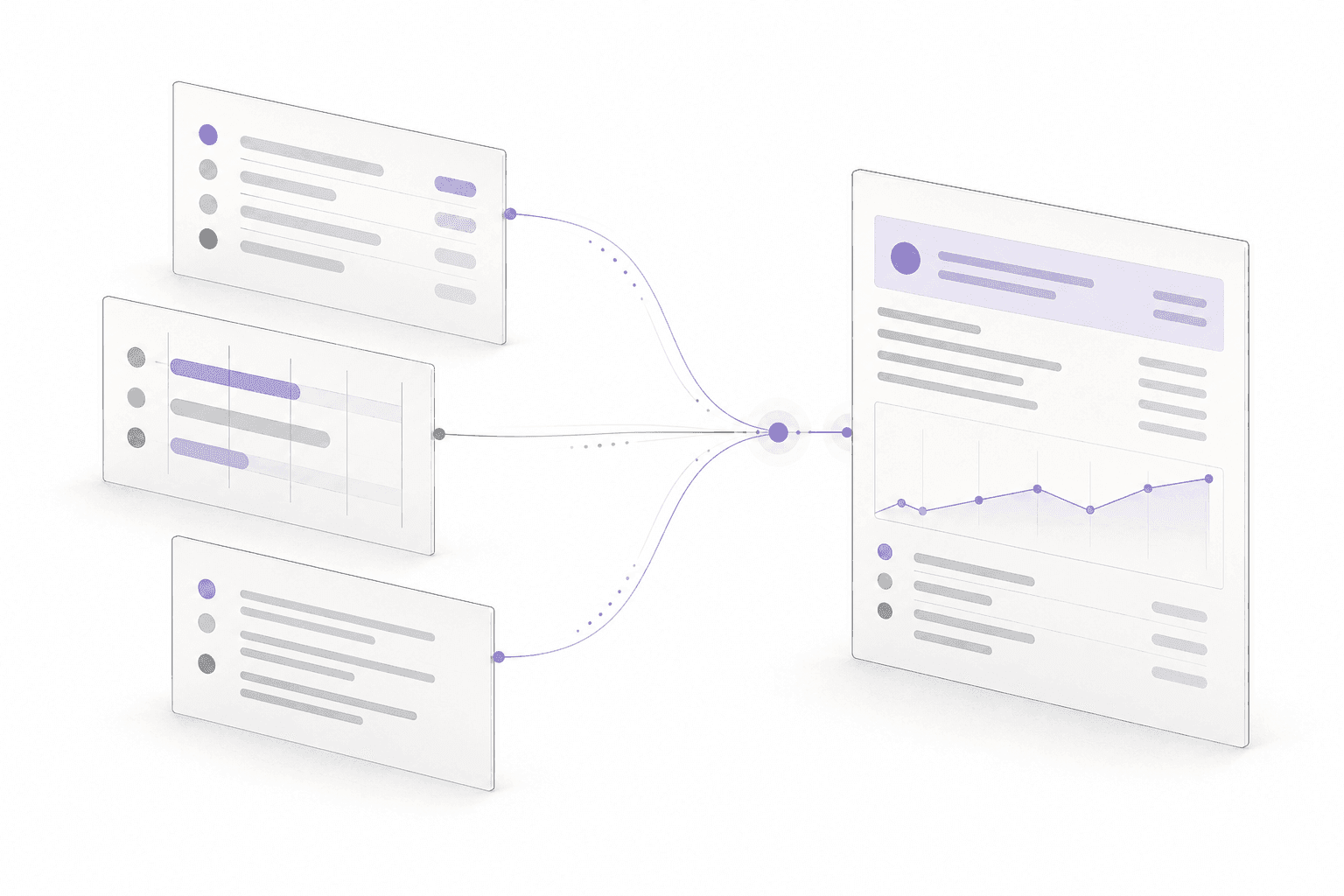 Issues, sprint progress, and notes converge into a report with a violet summary band and a small progress chart.