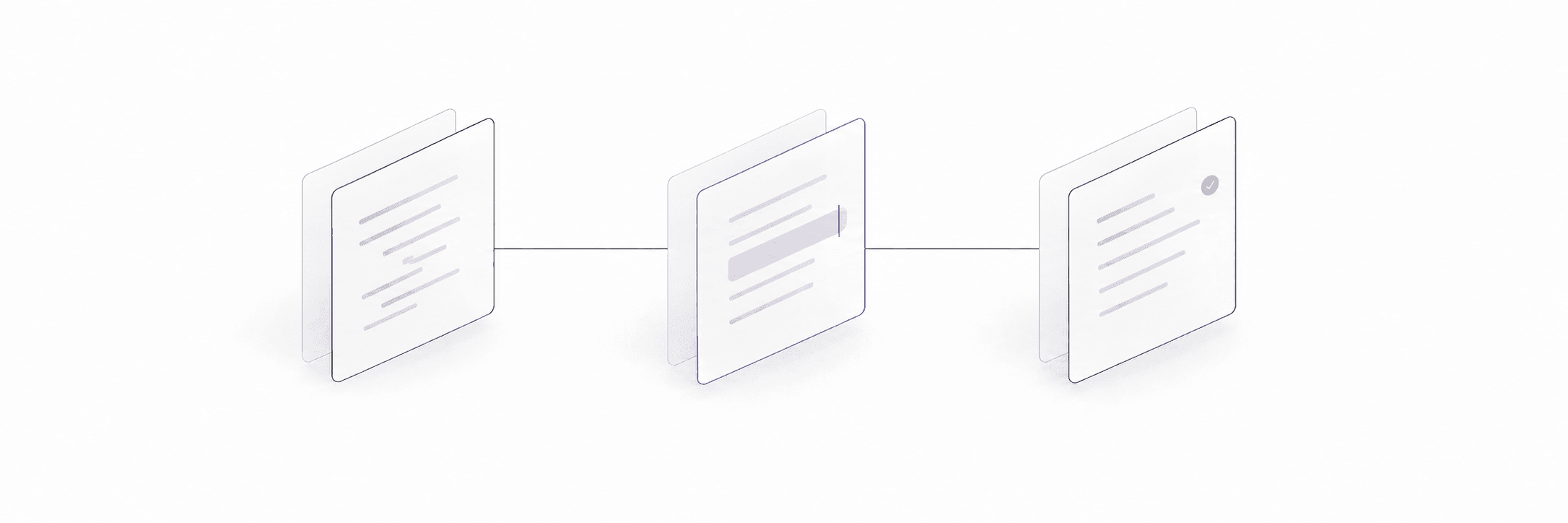 Three fine outlined pages connect a draft, a violet highlighted revision, and a finished thought.