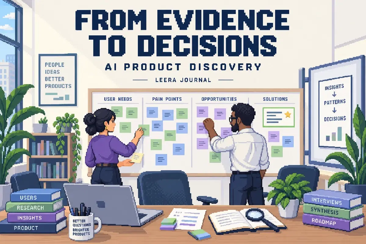 FROM EVIDENCE TO DECISIONS — conceptual pixel-art office illustration