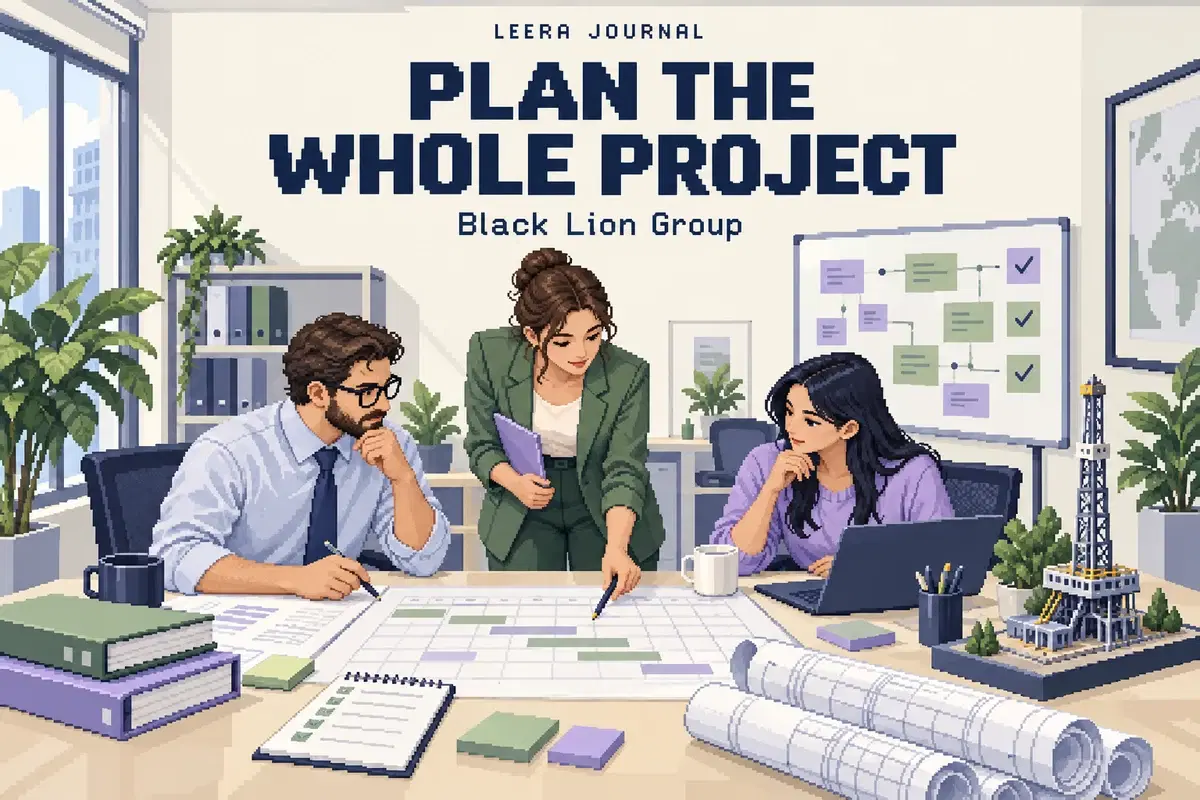 A project team reviewing drilling-project handovers — conceptual pixel-art office illustration