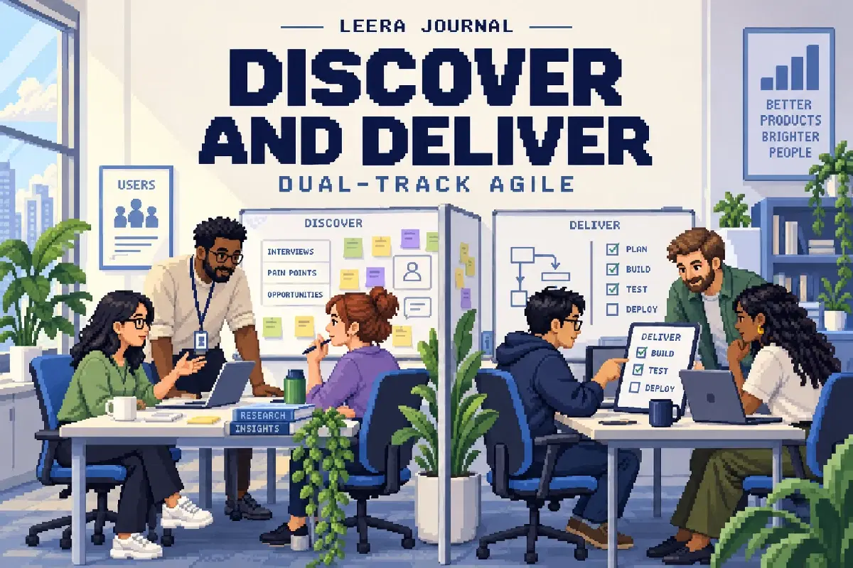 DISCOVER AND DELIVER — conceptual pixel-art office illustration