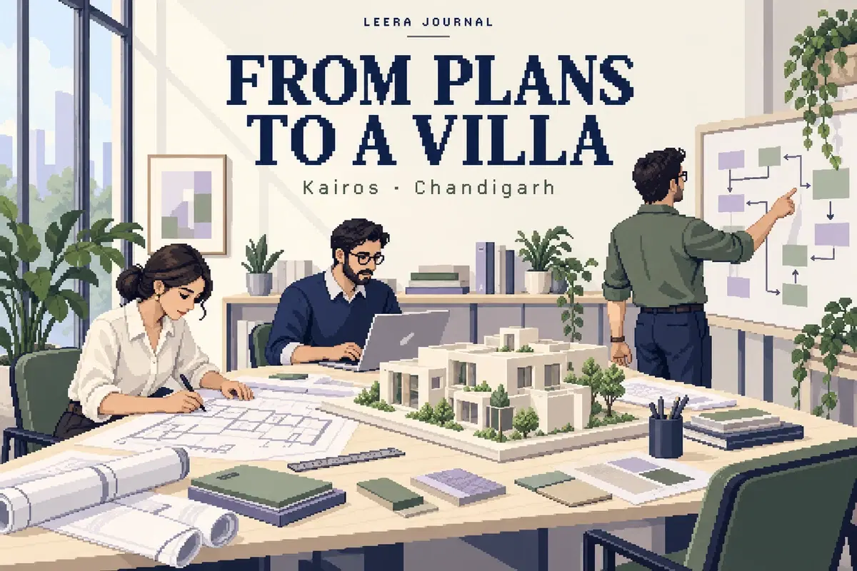 Architects coordinating a villa plan and task dependencies — conceptual pixel-art studio illustration