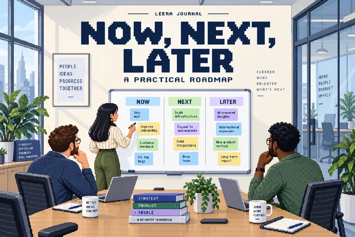 NOW NEXT LATER — conceptual pixel-art office illustration