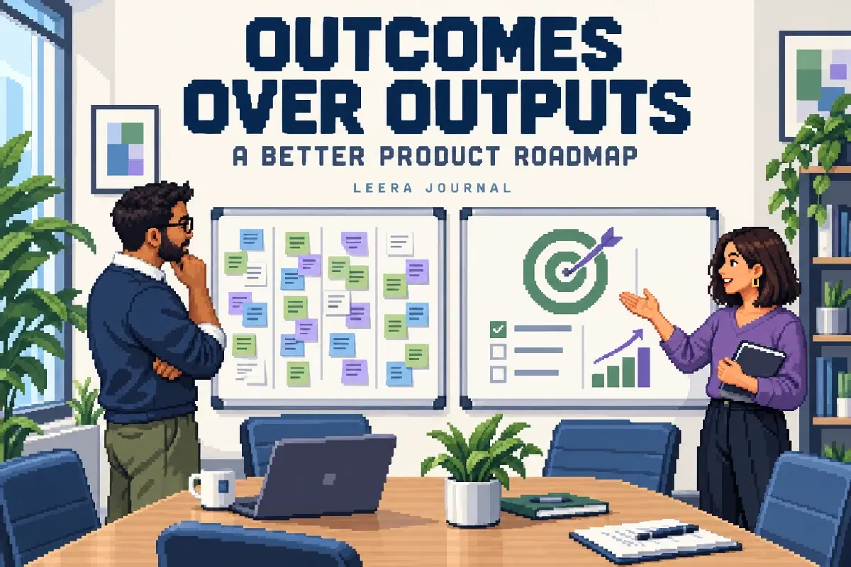 OUTCOMES OVER OUTPUTS — conceptual pixel-art office illustration