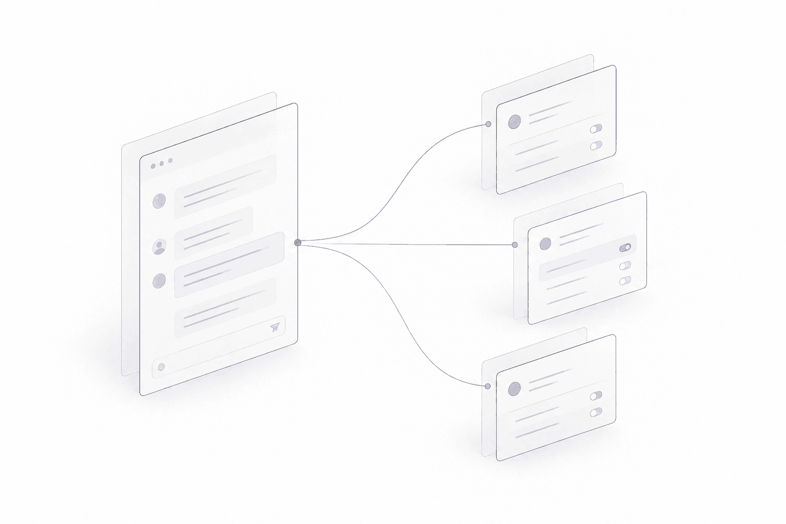 A workspace conversation connects to three provider panels, with one selected in violet.