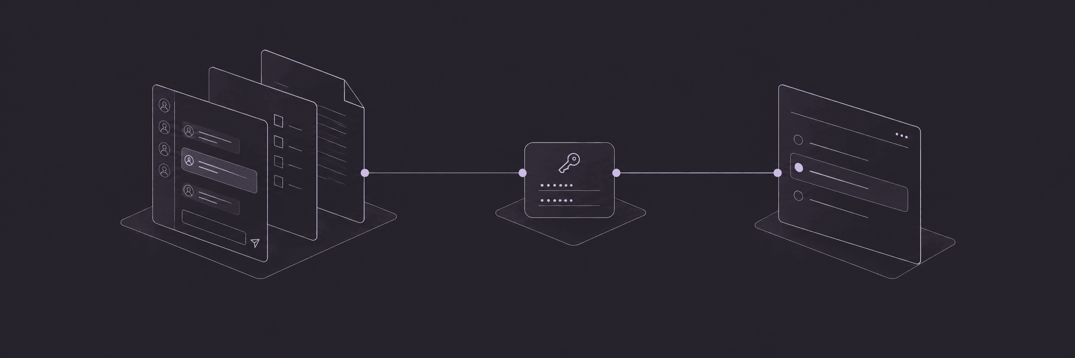 Layered project and chat context connects through provider credentials to a selected model, drawn in fine violet lines on charcoal.