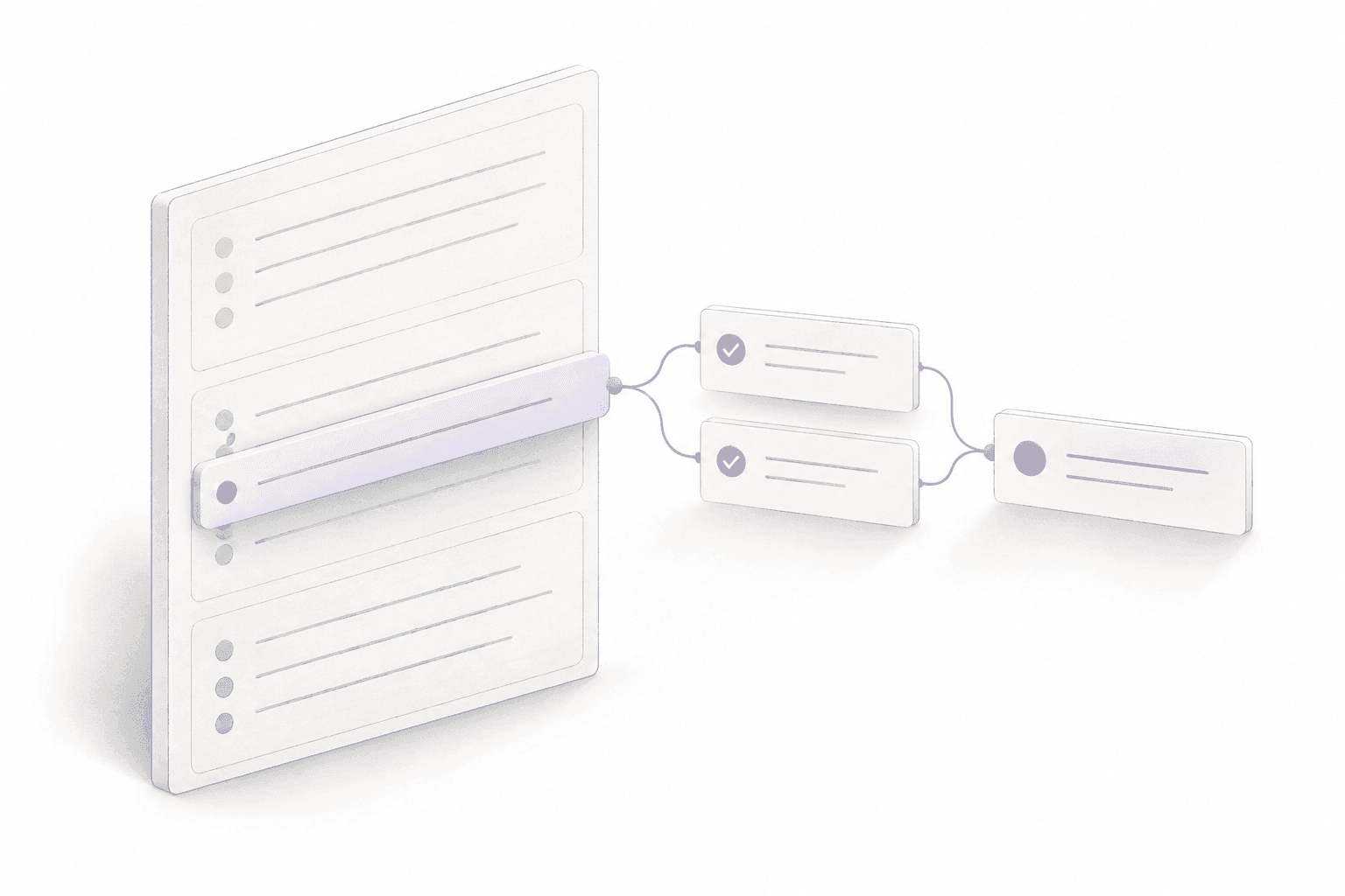 A highlighted item in a shared report connects to two focused next-action sheets.