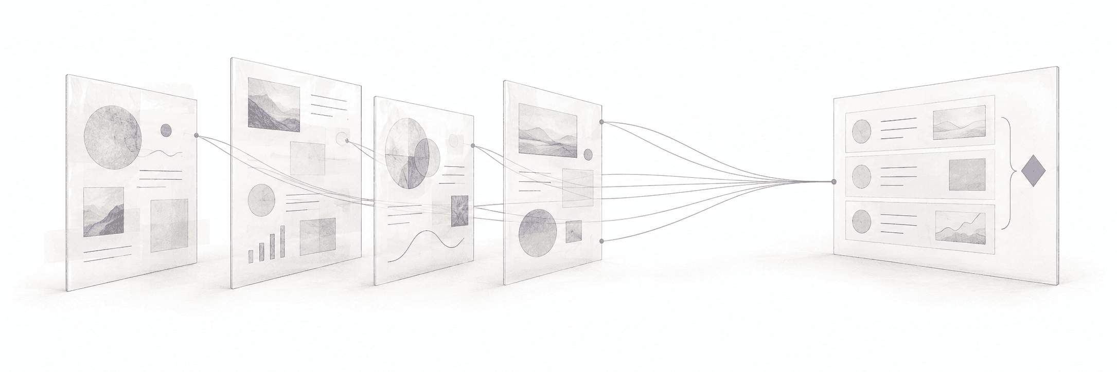 Independent conversation sheets connect through fine violet threads into one shared report.