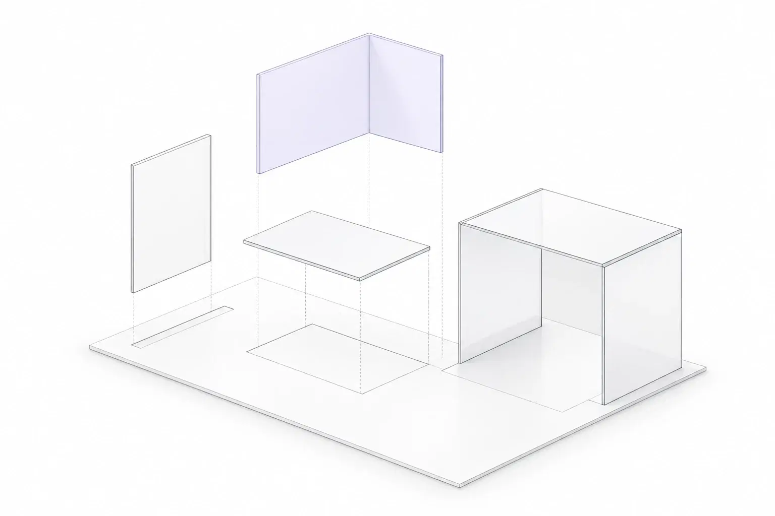 An exploded architectural kit of precisely fitted translucent components, with a lavender module joining the structure.