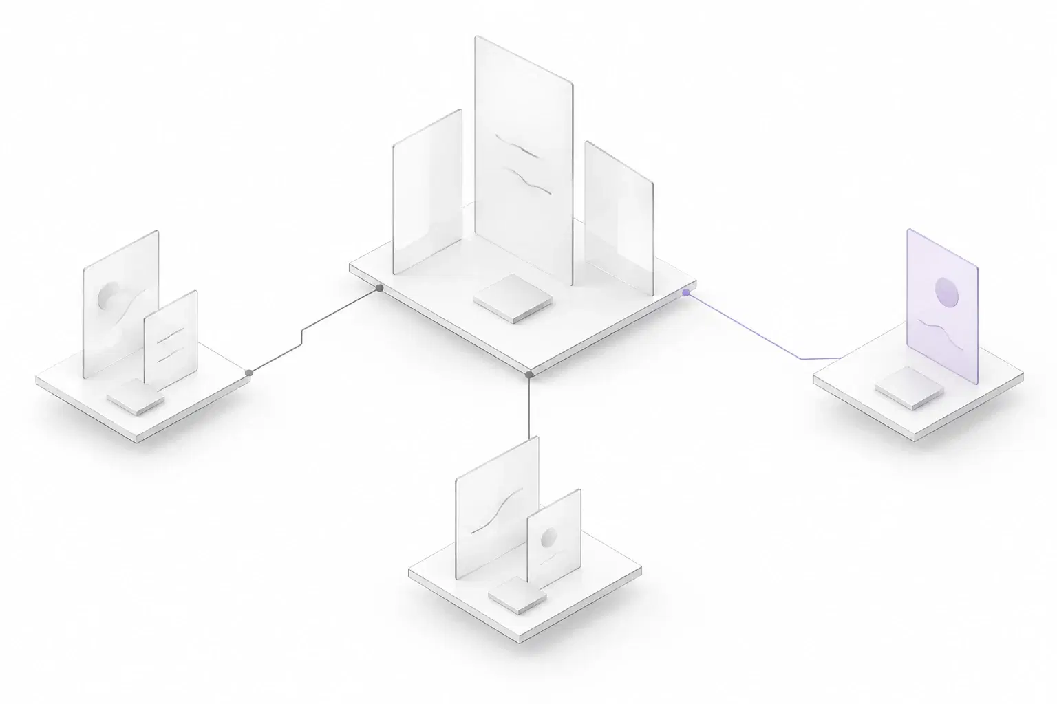 An open architectural pavilion connected to three smaller work platforms, illustrating teams and expertise working together.