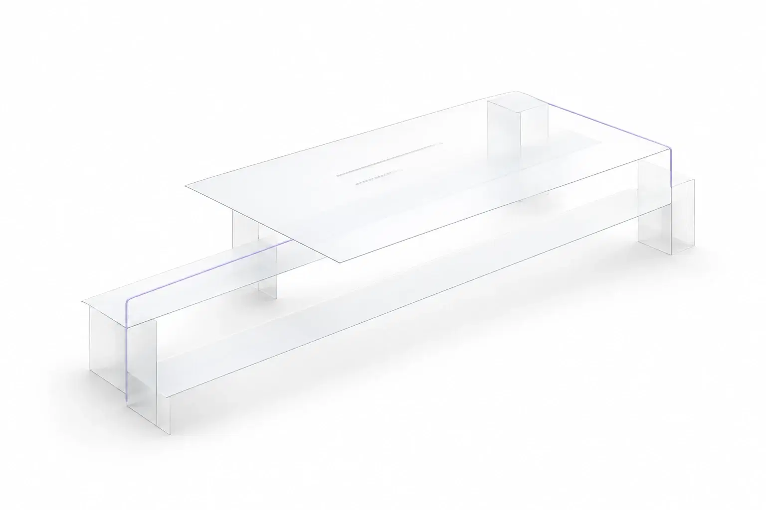 Two parallel structural paths support a shared elevated work platform, with a lavender guide rail running alongside it.