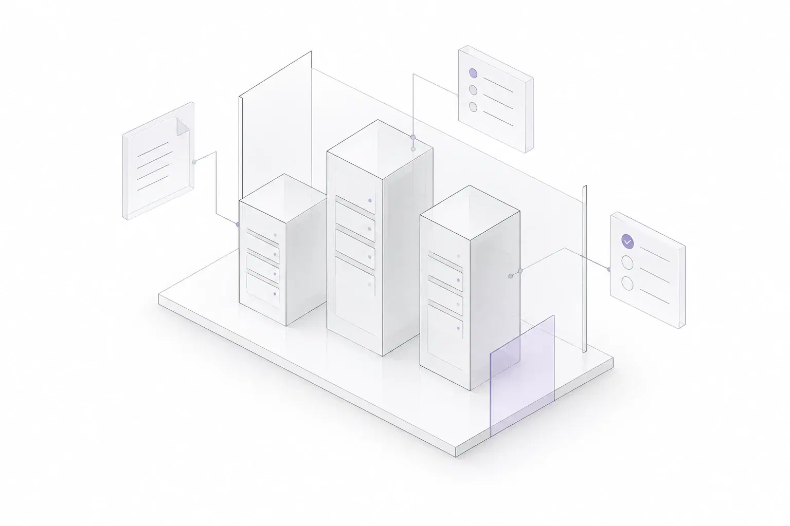 Three finely outlined server towers and connected project documents on a shared platform, illustrating a workspace on your own infrastructure.