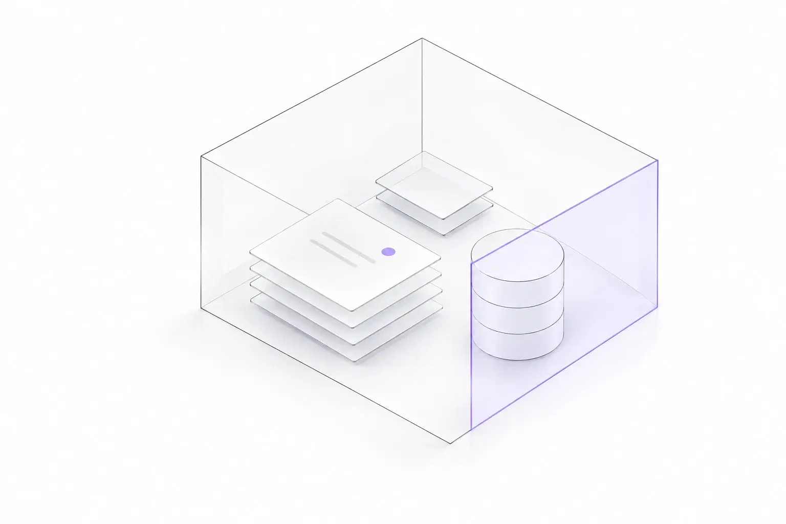 Layered project documents and a database within a delicate translucent enclosure, illustrating control over your workspace data.