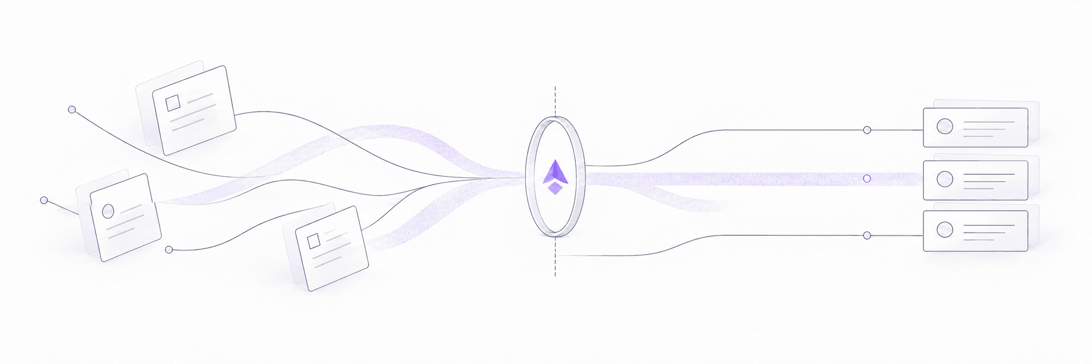 Project threads and a subtle violet ribbon pass through a ring around the Leera AI mark, emerging as three clear paths to action.