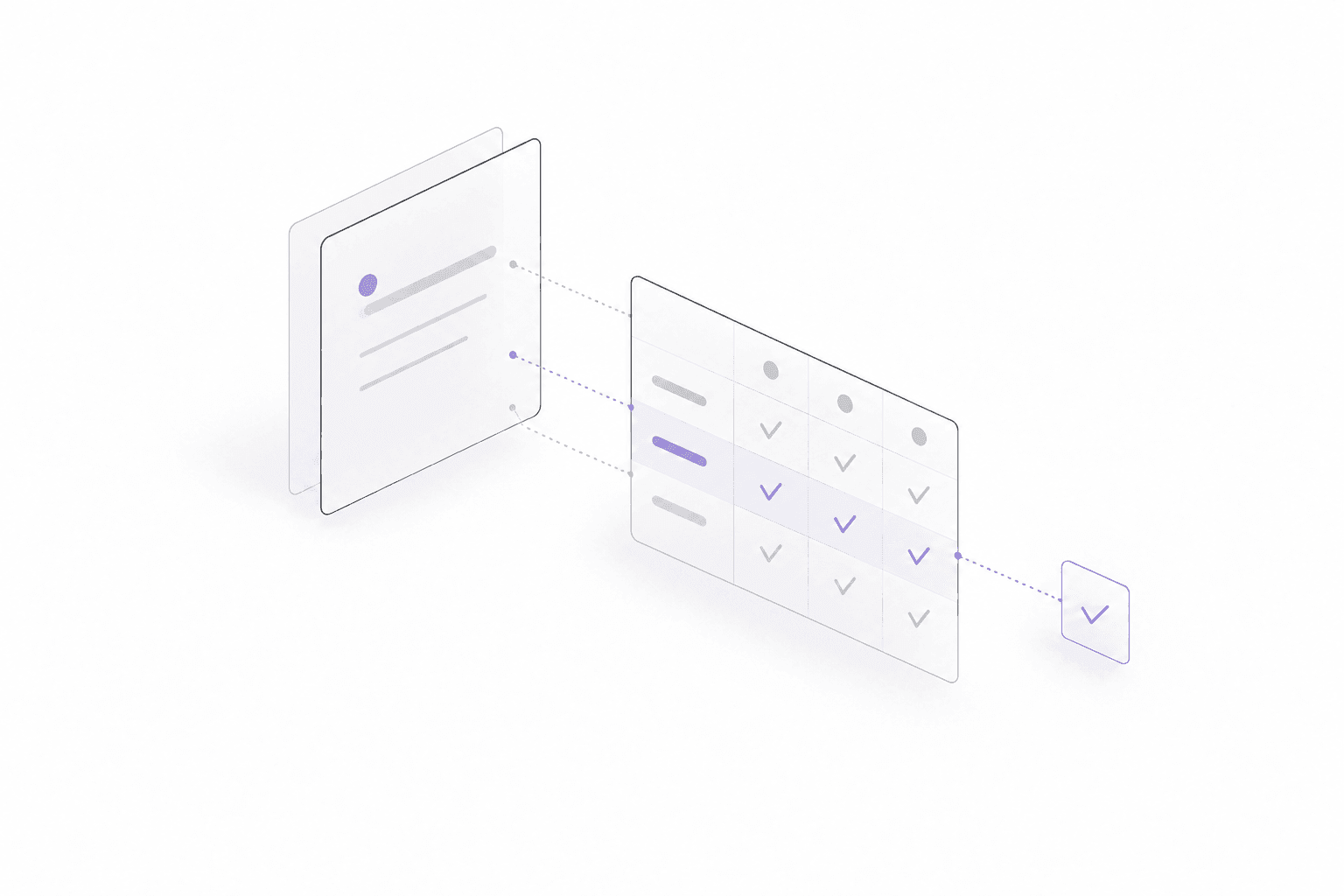A requirement connects to a matrix of test checks, with a fine violet line following one verified result.