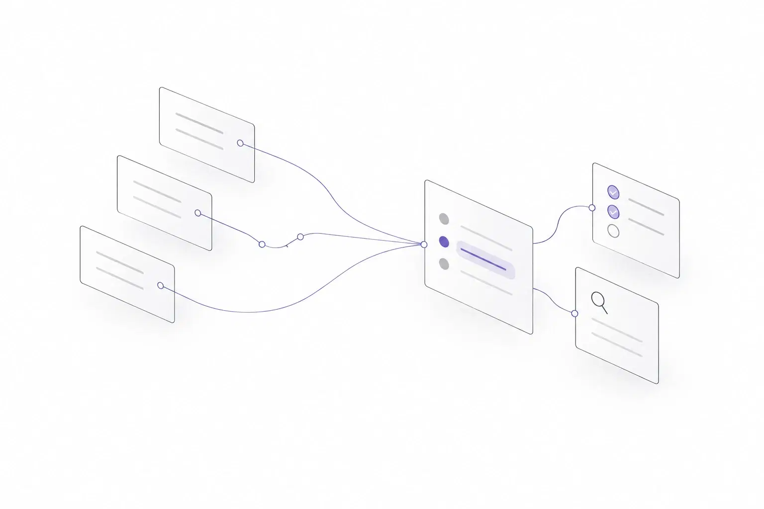 Three parallel work streams converge on a shared project brief, with linked test checks and review evidence.
