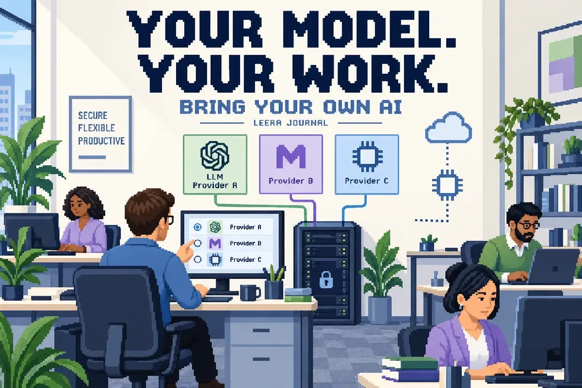 YOUR MODEL. YOUR WORK. — conceptual pixel-art office illustration