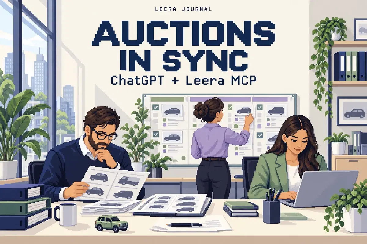 An auction operations team coordinating lot preparation — conceptual pixel-art office illustration
