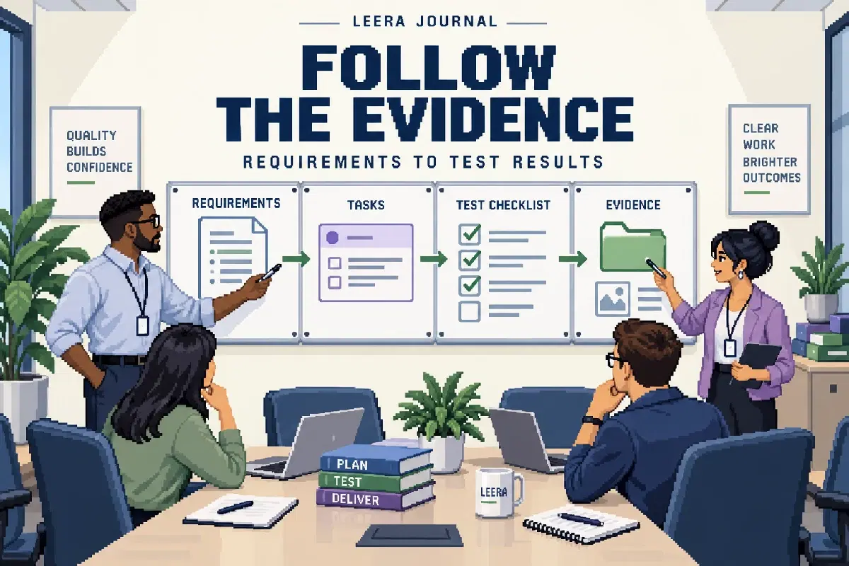 FOLLOW THE EVIDENCE — conceptual pixel-art office illustration