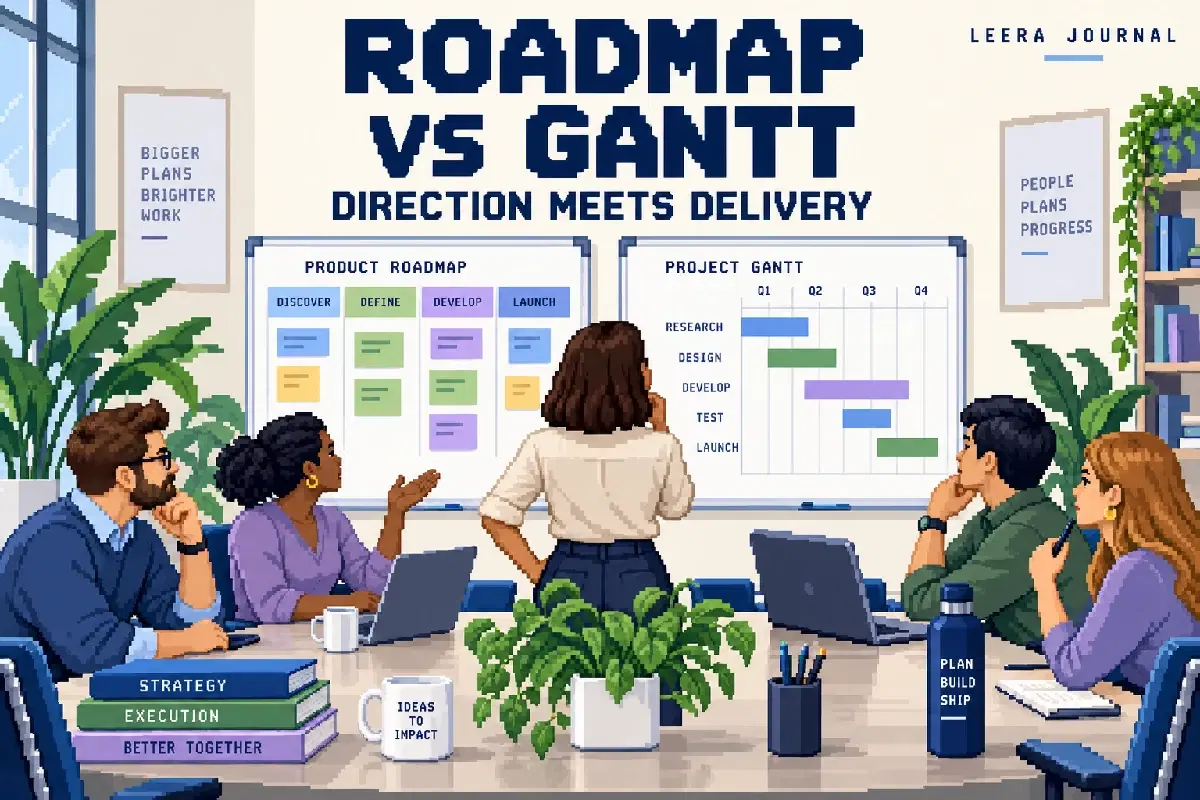 ROADMAP VS GANTT — conceptual pixel-art office illustration