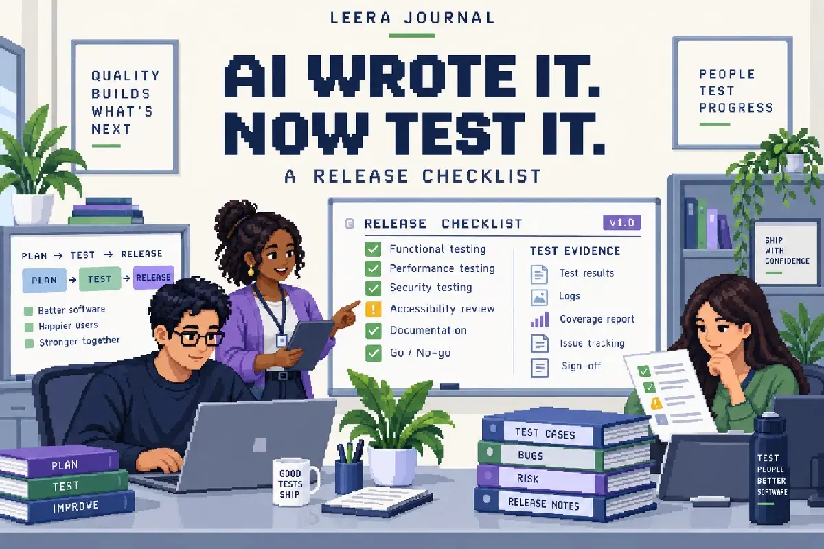 AI WROTE IT. NOW TEST IT. — conceptual pixel-art office illustration