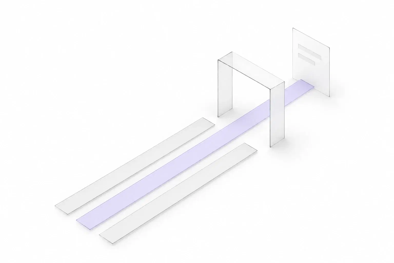 Three delicate paths approach an open architectural aperture, with one lavender path passing through to a document beyond.