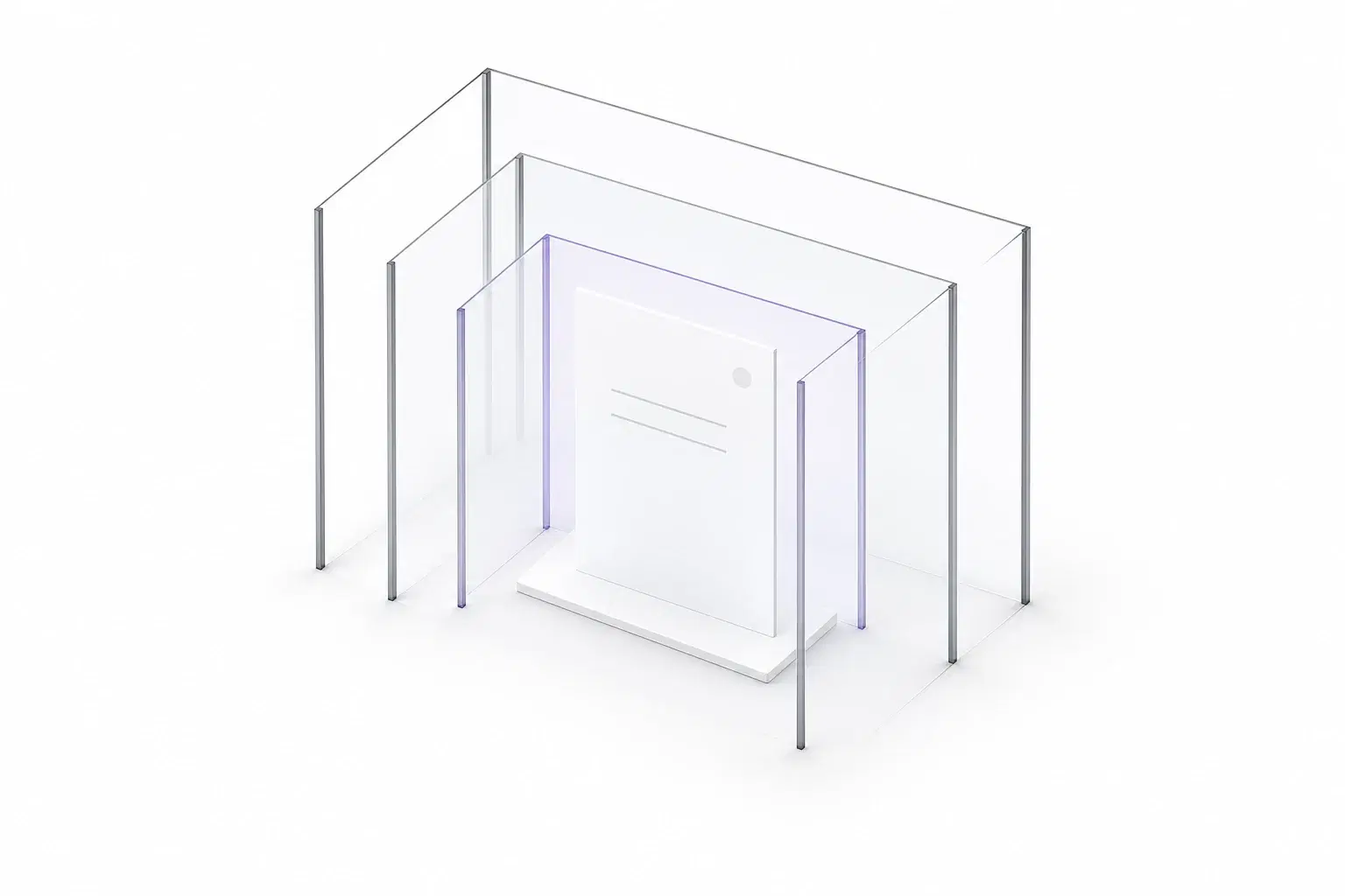 A central document held within three nested, open architectural frames, illustrating distinct layers of protection.