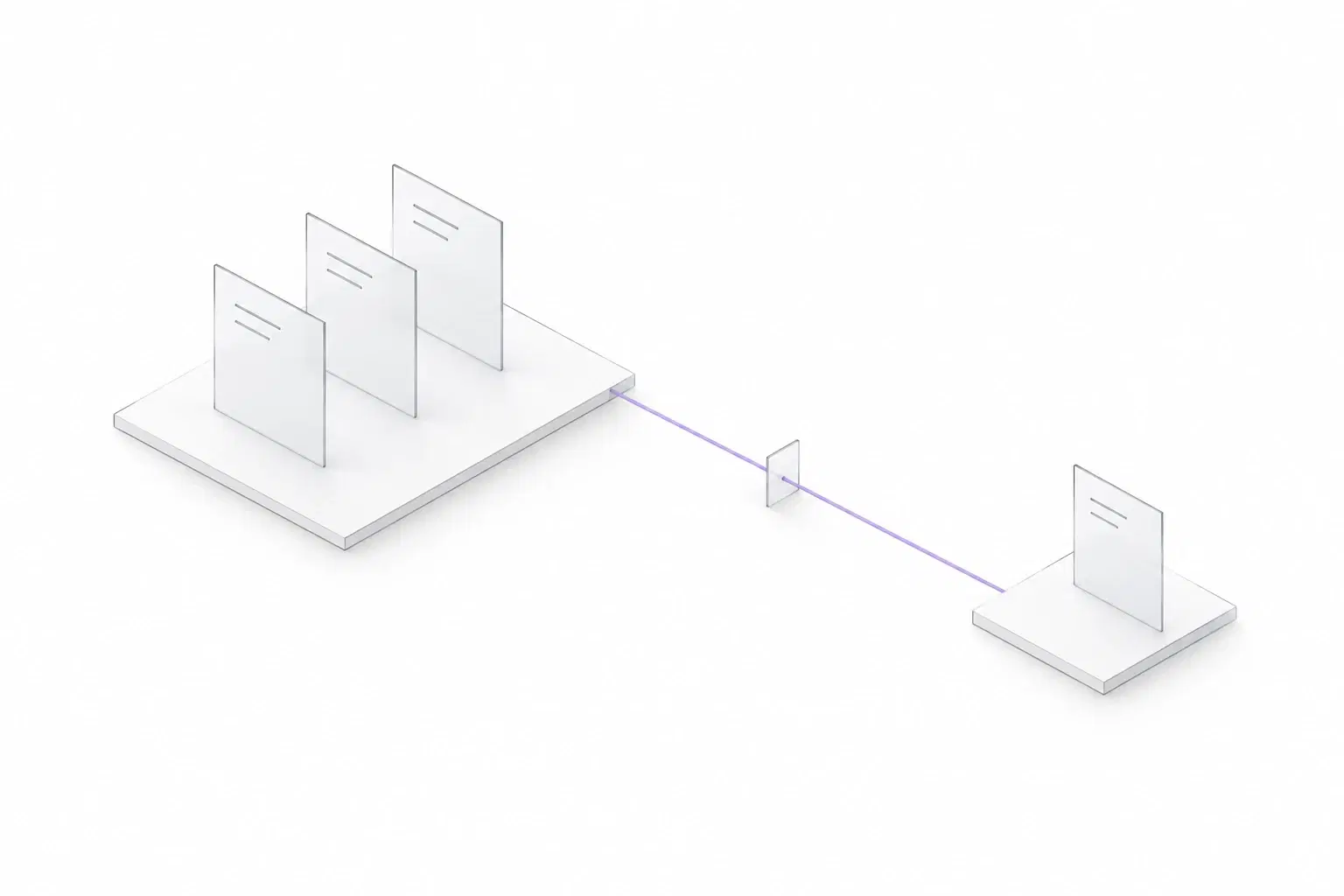 Two separated work platforms connected by one precise lavender path, illustrating data moving to a distinct destination.