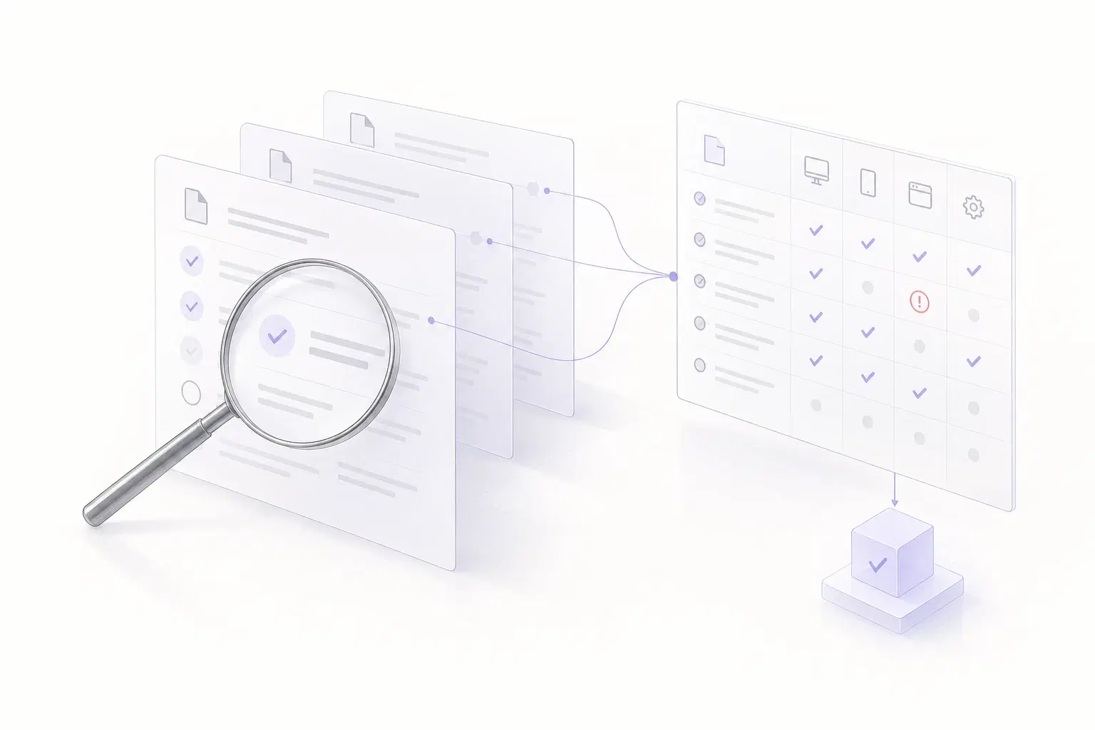 A magnifying glass brings test cases and verification checks into focus.