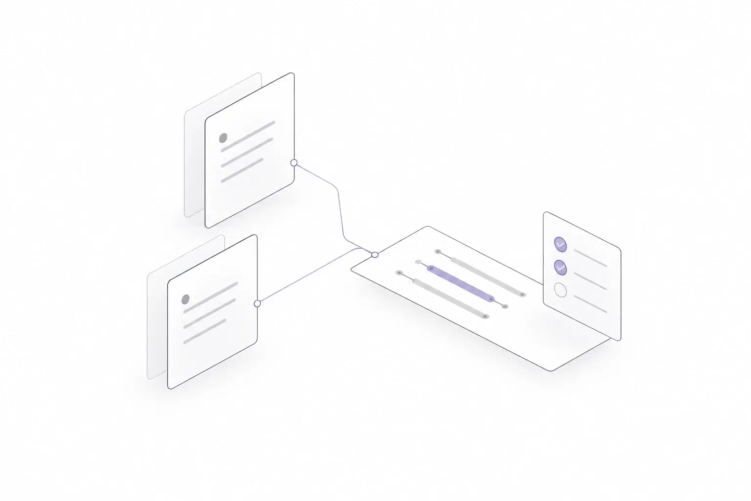 Two founder briefs join a shared delivery plan and review checklist in a grey line illustration.