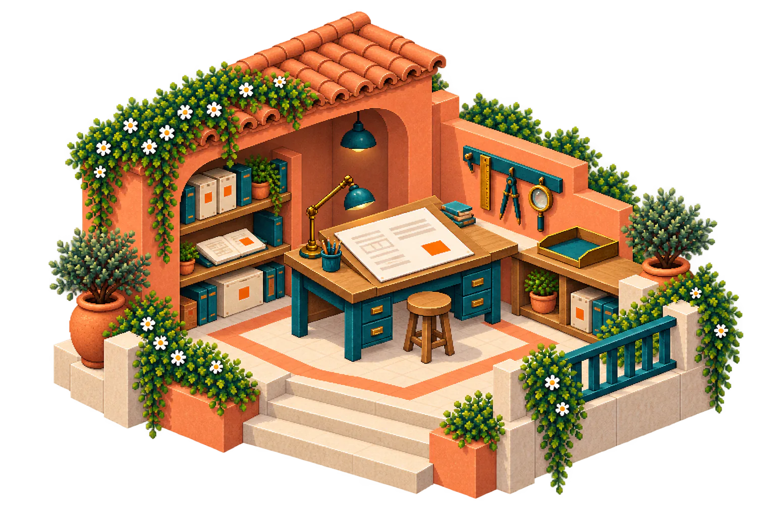 An isometric terracotta workshop places an orange-marked objective brief between project records, selected tools, and an empty result tray.