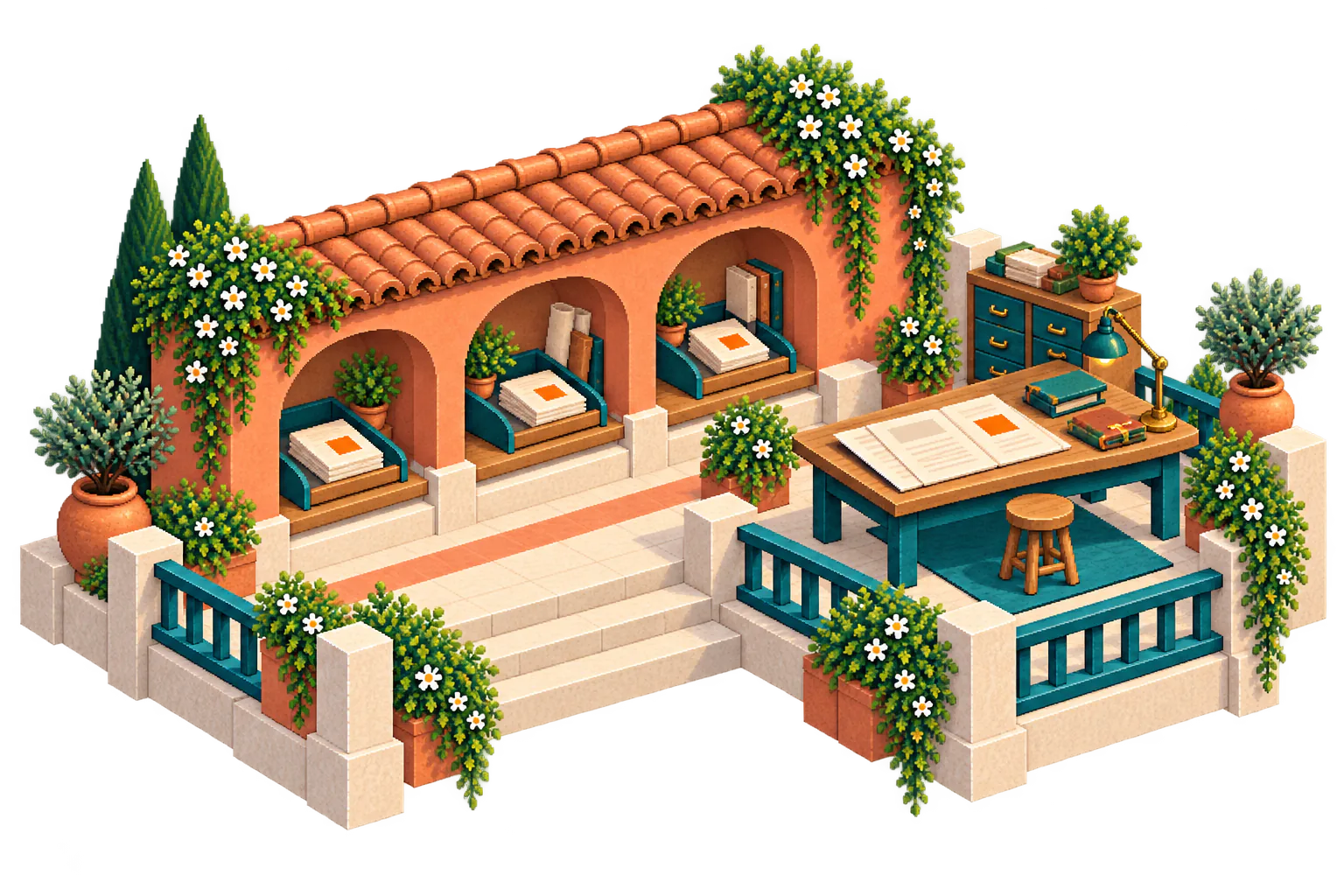 A terracotta archive terrace connects grouped source folios to an unfolded review brief and nearby execution-record drawers, with orange markers linking the work.