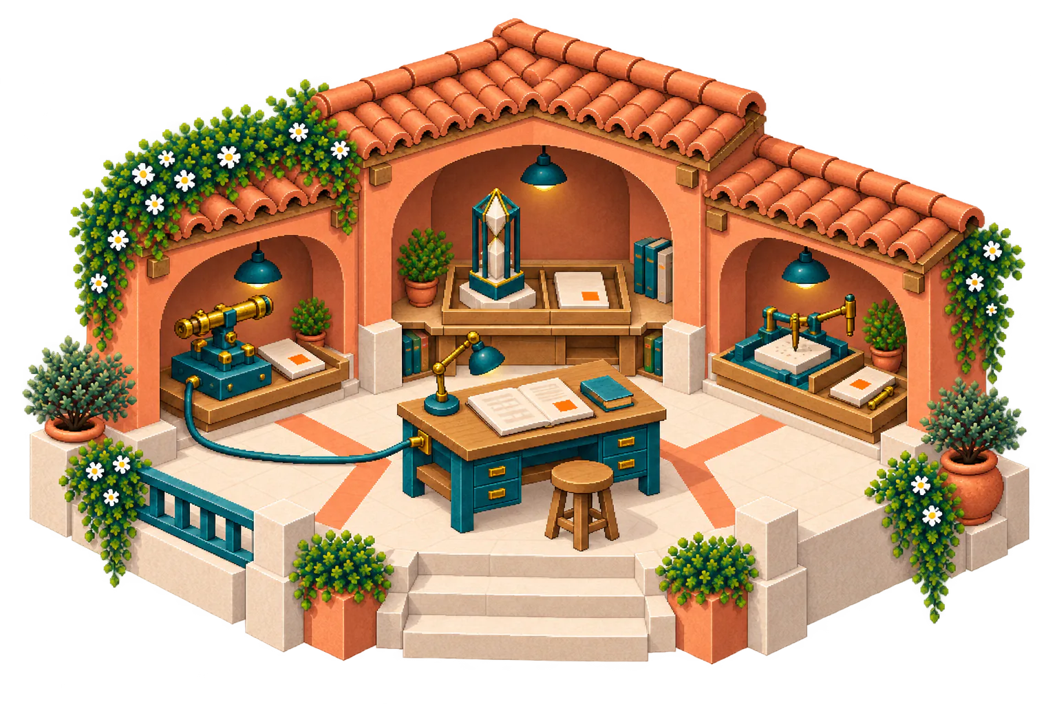 An isometric terracotta atelier places three distinct model instruments around a shared project desk, with one selected instrument connected to the orange-marked brief.