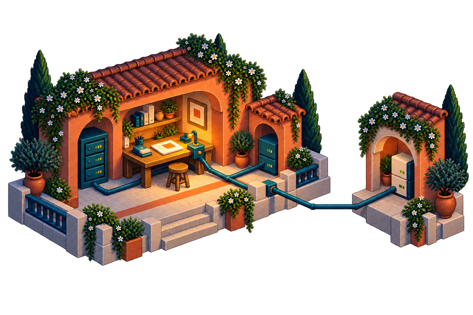 A terracotta courtyard contains a workspace, server and local model alcove; visible teal paths distinguish the local route from a separate provider atelier across a gap.