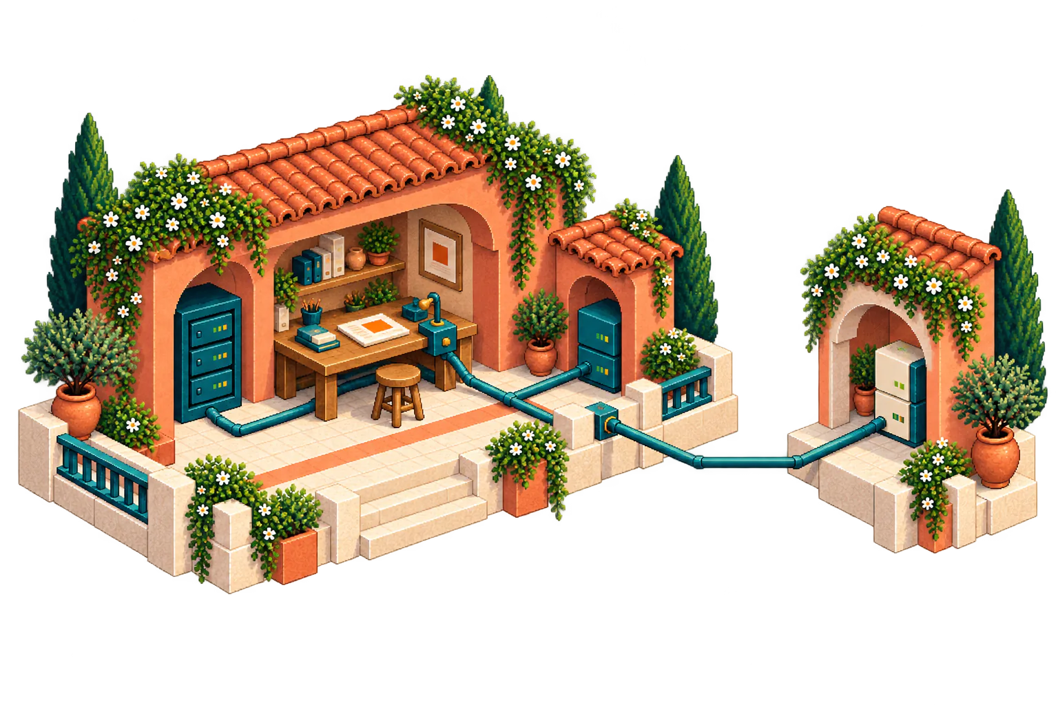 A terracotta courtyard contains a workspace, server and local model alcove; visible teal paths distinguish the local route from a separate provider atelier across a gap.