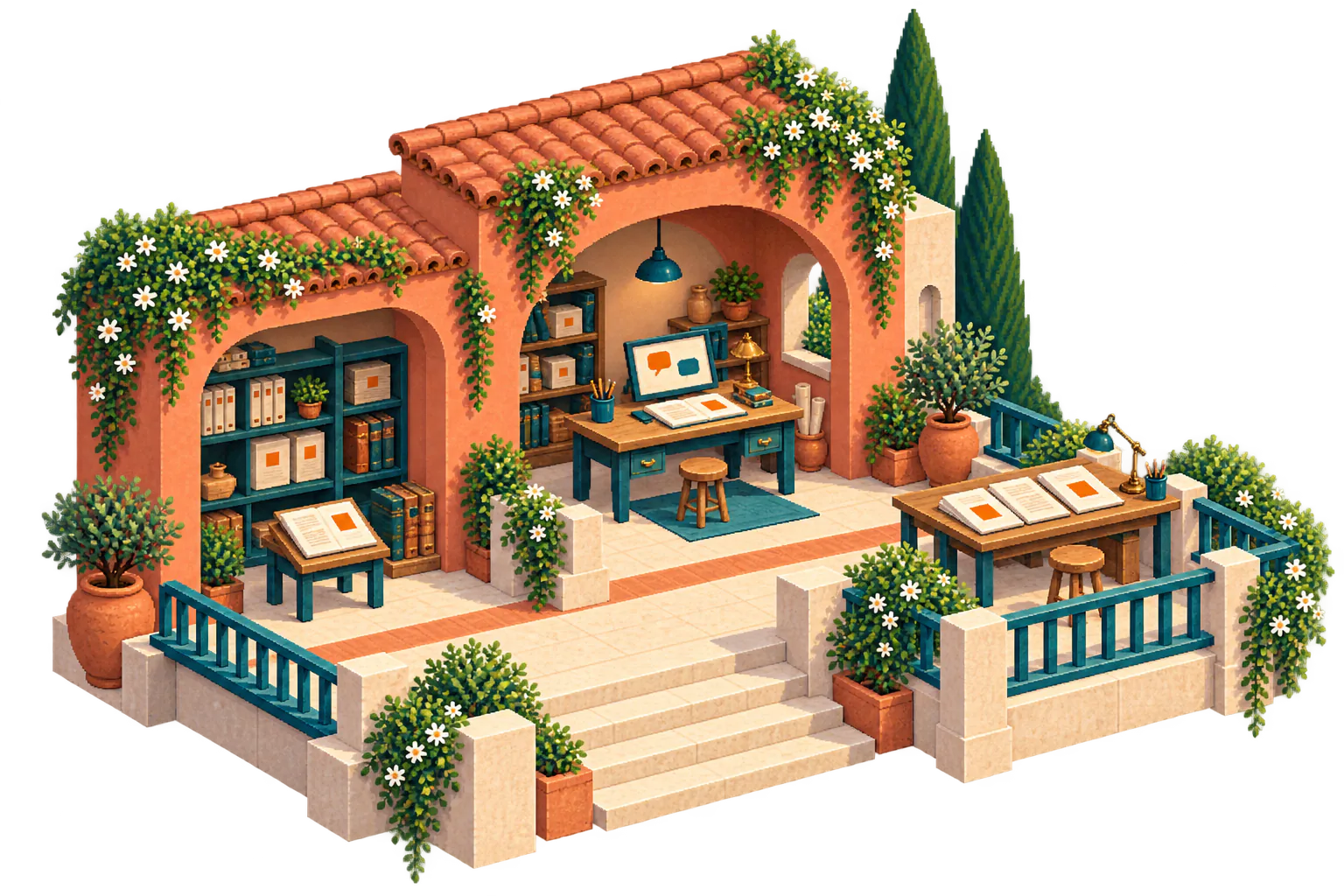 A miniature terracotta study connects project archives, a conversation desk, and organized work folios ready for review.