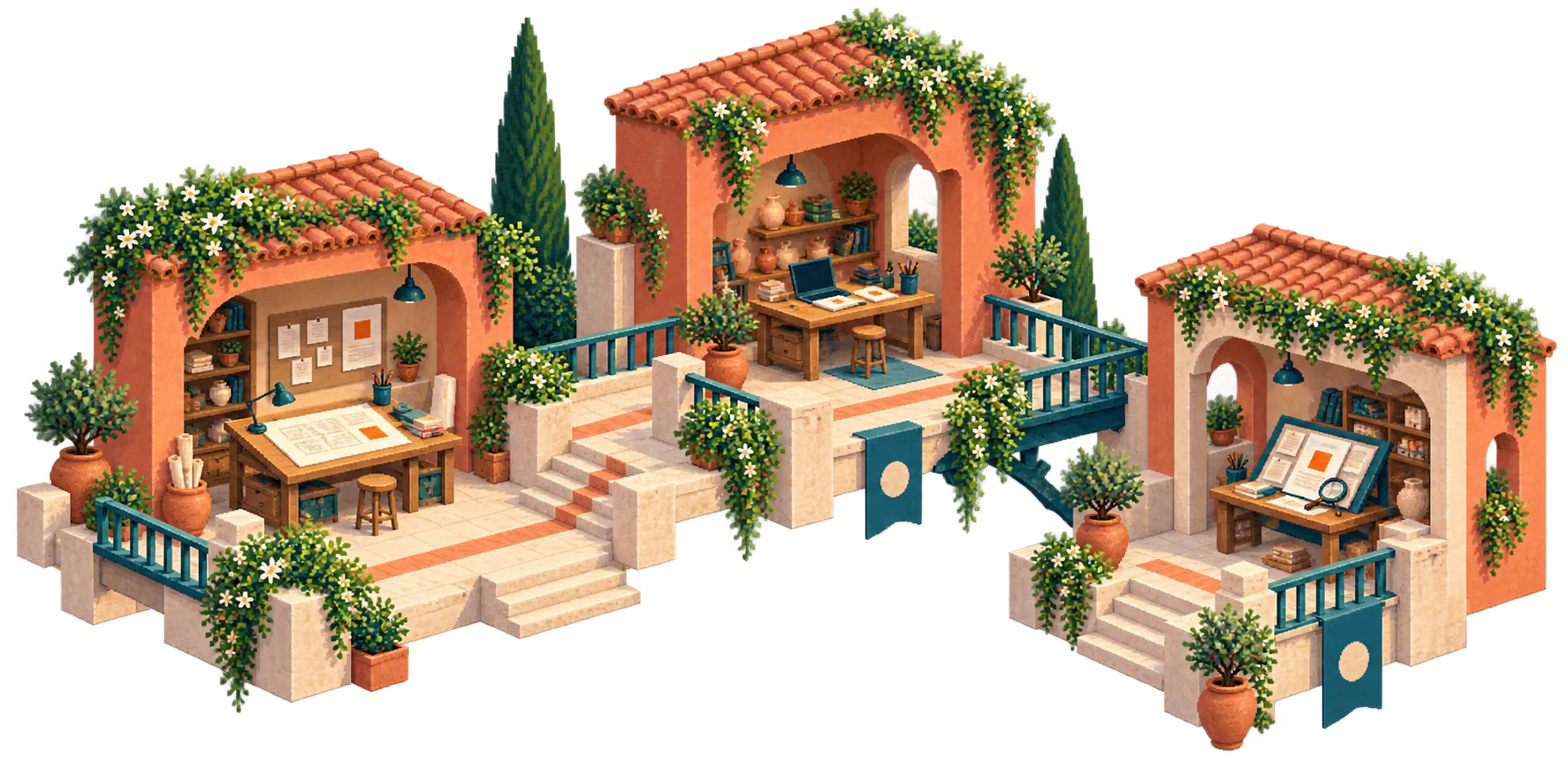 Isometric terracotta ateliers linked by a tiled path: a marked project folio moves from the planning table through the making studio to the evidence desk.