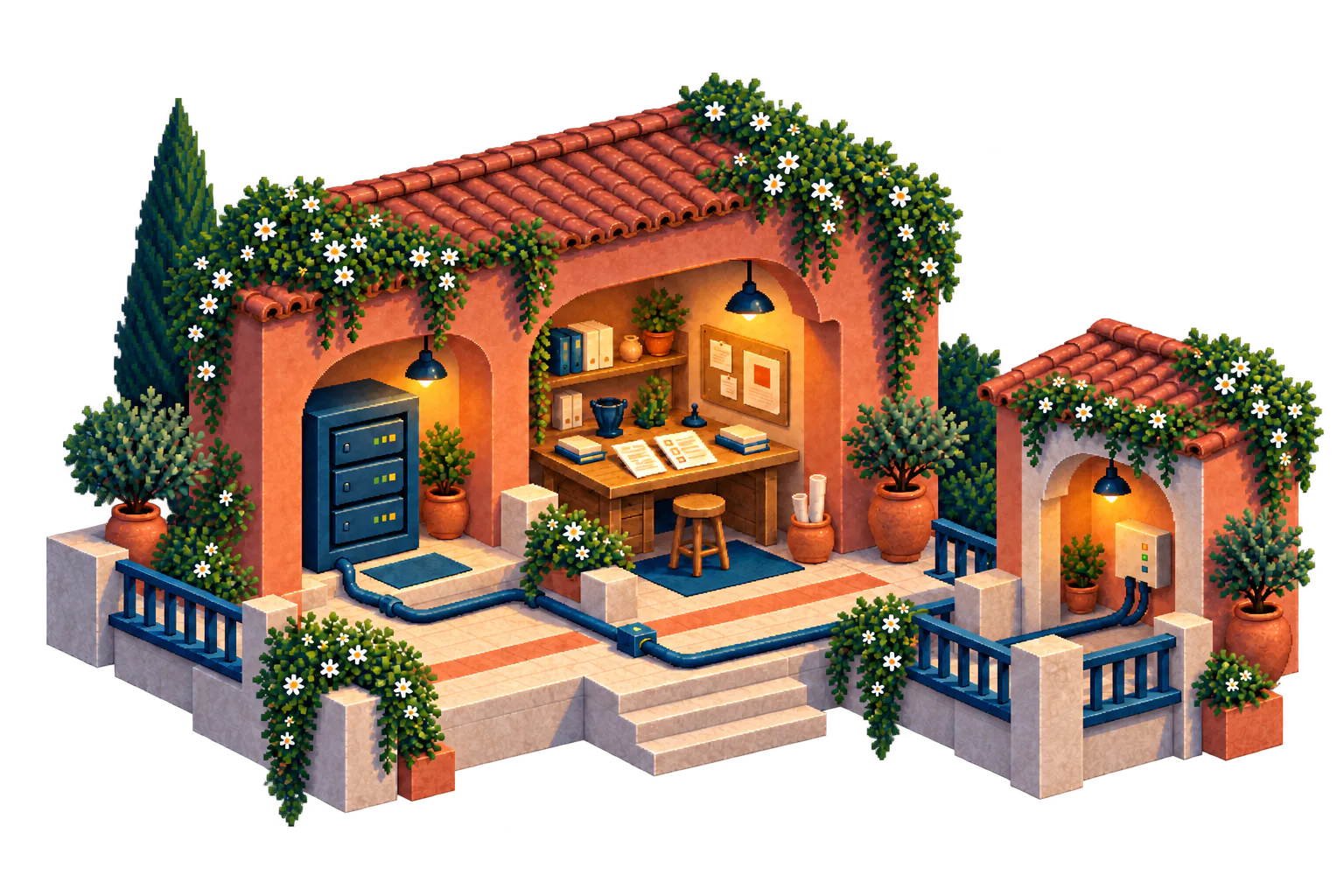 A terracotta courtyard houses a server beside a shared planning and testing workspace, with a visible conduit to a separate model-provider annex.