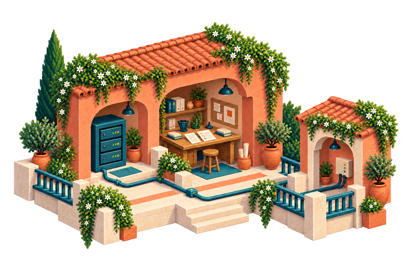 A terracotta courtyard houses a server beside a shared planning and testing workspace, with a visible conduit to a separate model-provider annex.