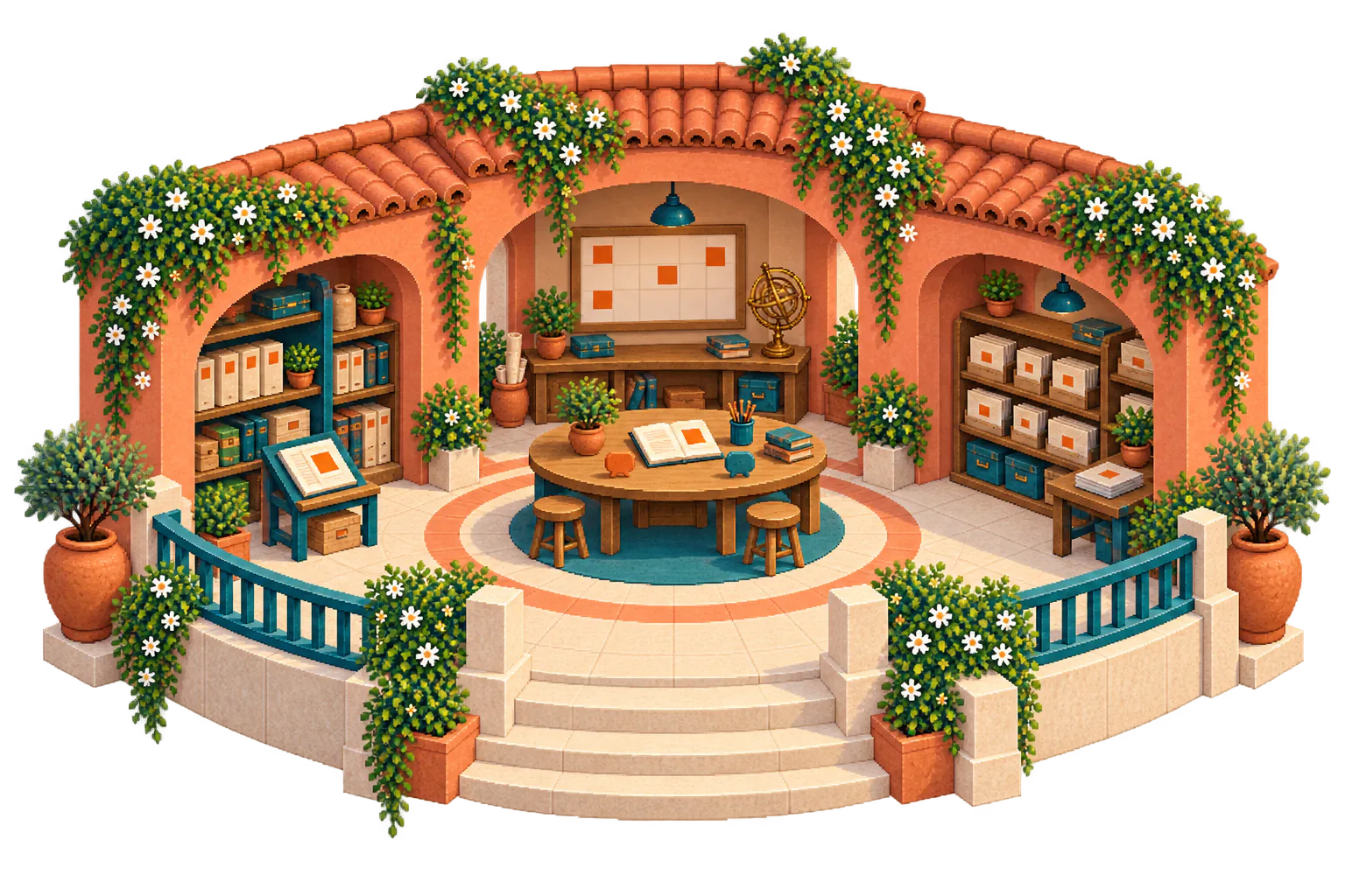 An isometric terracotta reading courtyard brings issue folios, sprint plans, and correspondence beside a shared conversation desk.