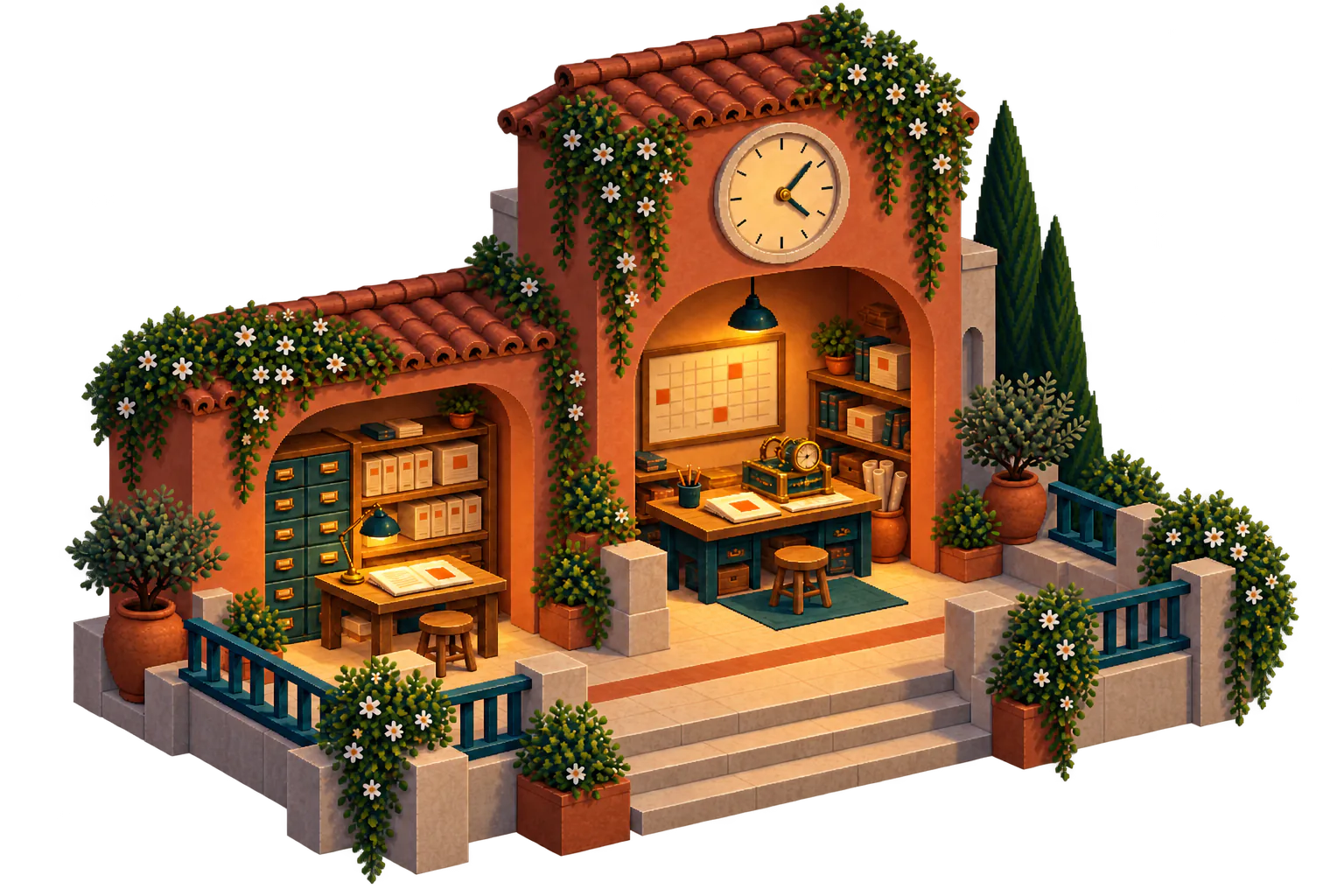 A terracotta clocktower workshop connects an objective and schedule to a workbench and an adjoining archive of execution records.