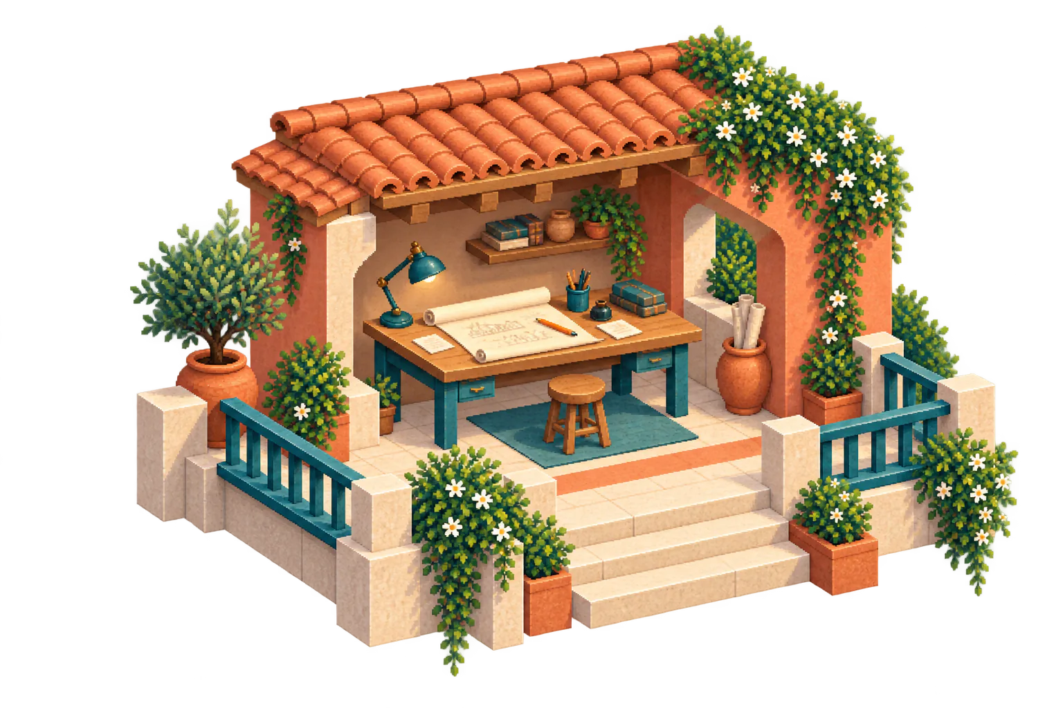 A miniature terracotta writing niche holds a loosely unrolled draft, rough notes, and an orange pencil on a broad work desk.