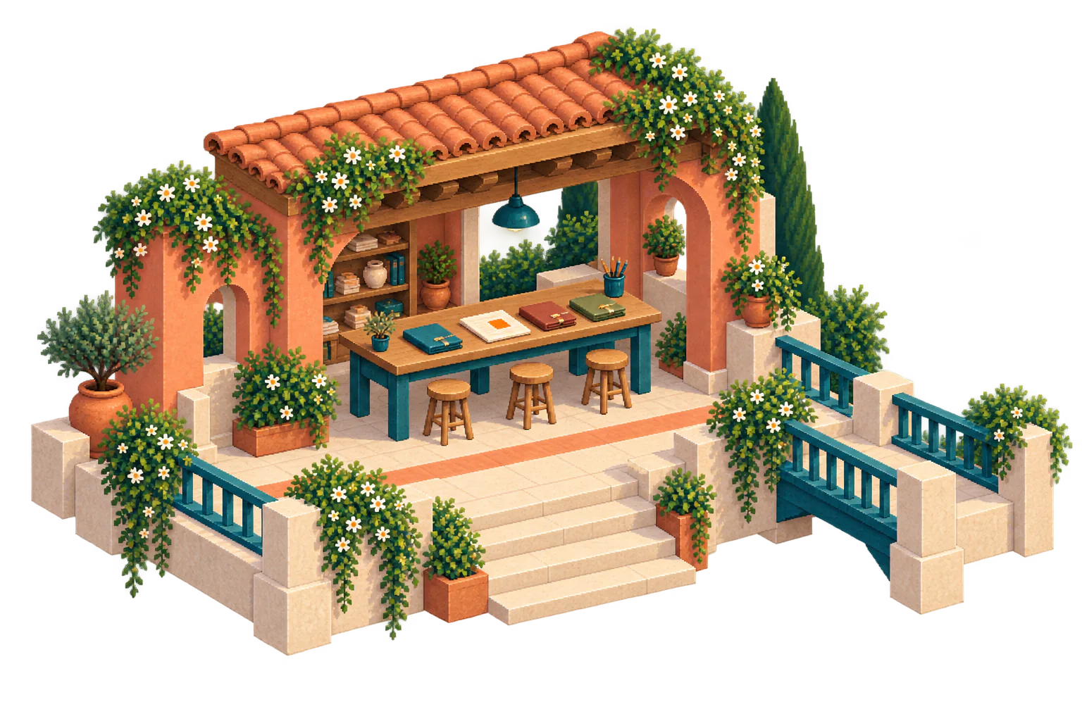 An open terracotta reading pavilion places a finished orange-sealed brief and three orderly work folios around a shared table.