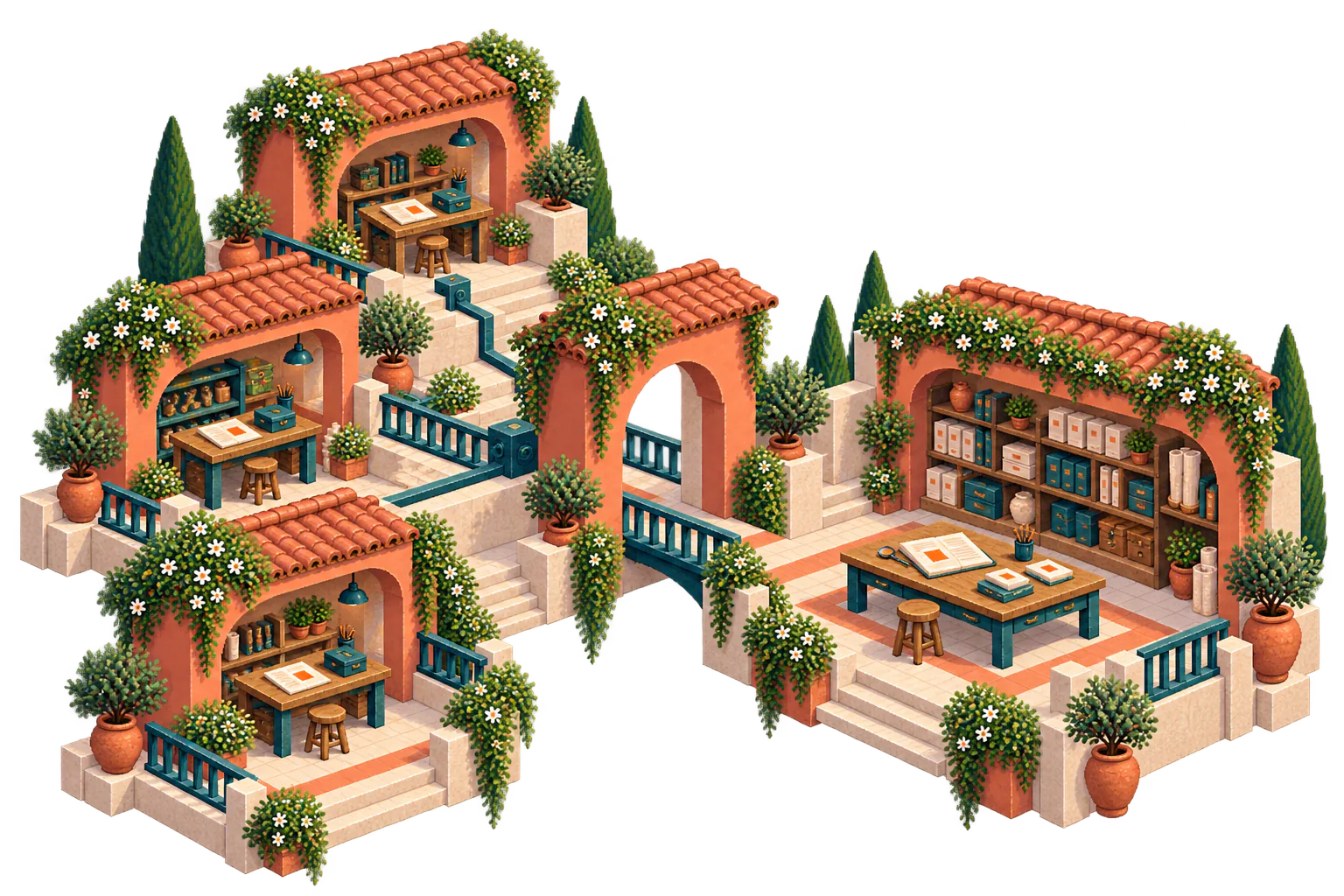 Three terracotta work bays connect through one gateway to a shared project archive and review courtyard, with orange-marked briefs linking the work.