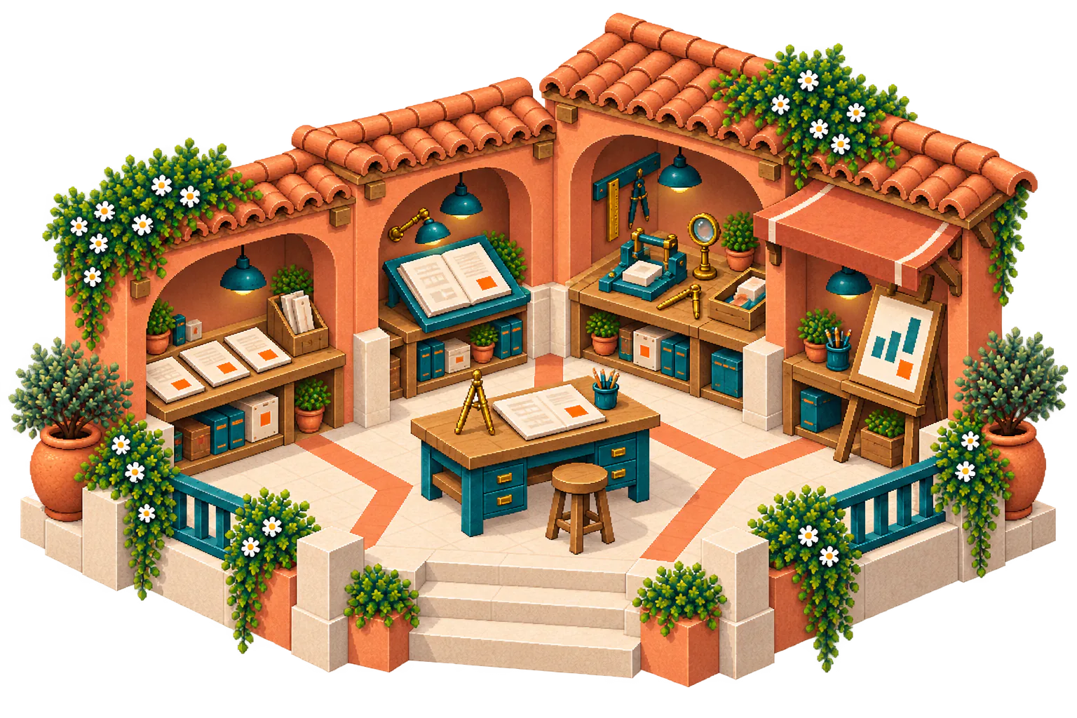 An isometric terracotta tool market gathers planning folios, a reading niche, testing instruments and a report easel around a shared selection desk.