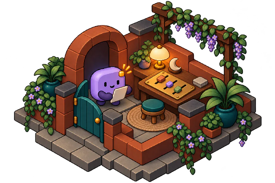 Ping waiting beside a garden gate and a console with three controls, illustrated in pixel art.