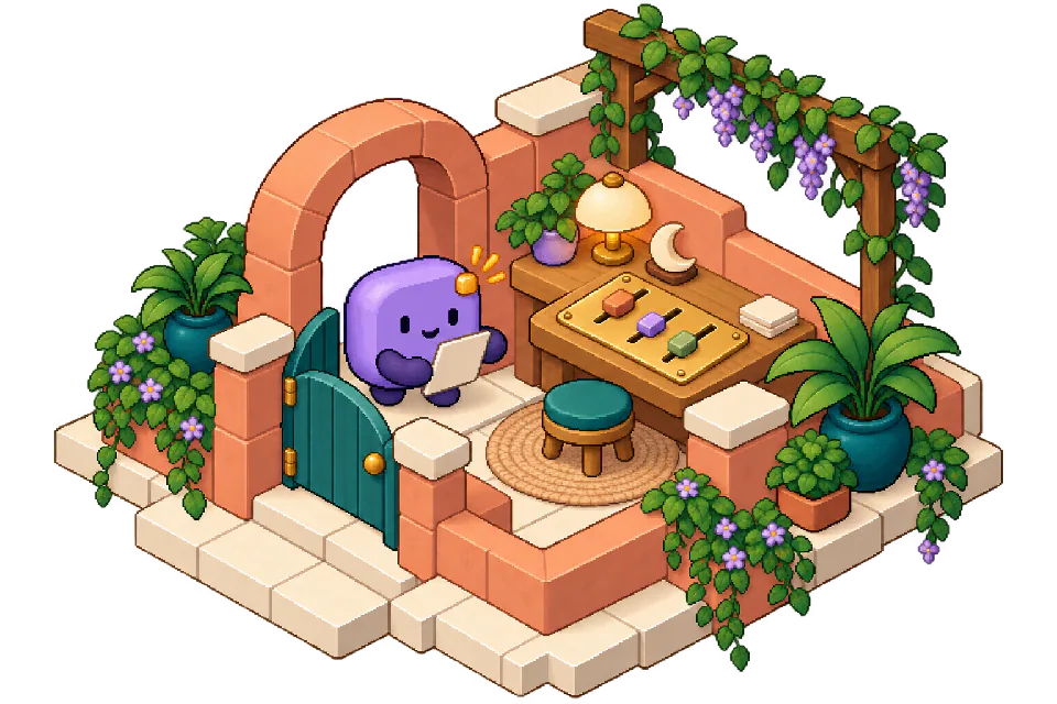 Ping waiting beside a garden gate and a console with three controls, illustrated in pixel art.