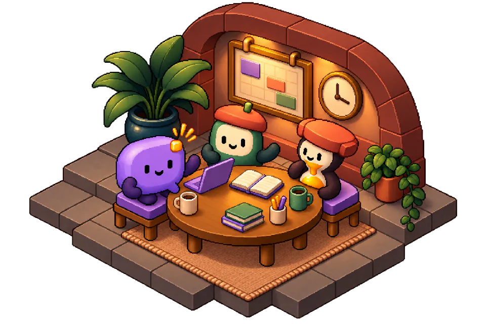 Ping and companions gathered around a table beside a calendar and clock, illustrated in pixel art.
