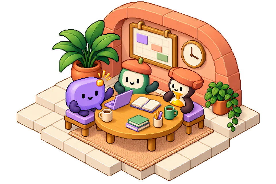 Ping and companions gathered around a table beside a calendar and clock, illustrated in pixel art.